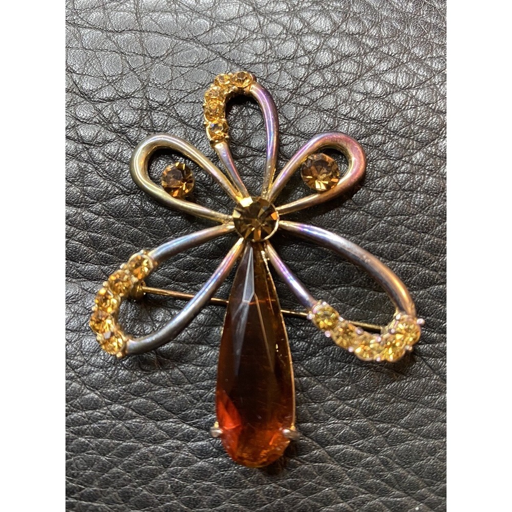 VNTG Amber / Cognac / Honey Colored & Rhinestone Flower/ Butterfly Brooch Pin